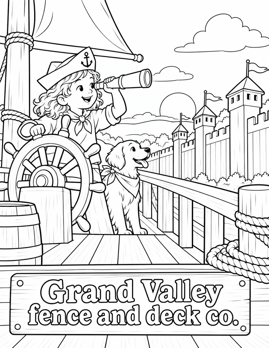 A backyard deck becomes the deck of a make-believe sailing ship while a child captain looks across a fence of castle towers.
