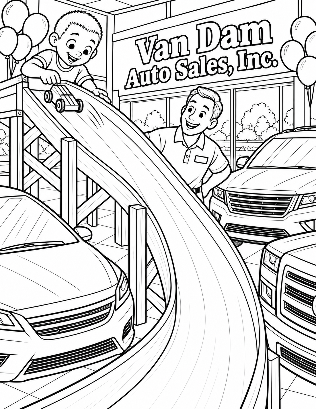 A child launches a small wooden toy car down a giant display ramp that winds between full-size showroom cars.