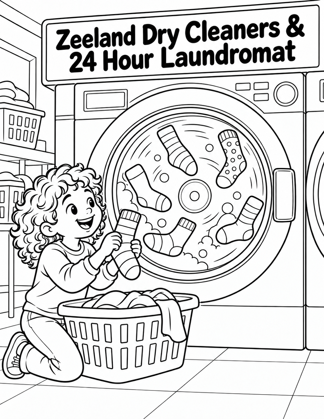 A child watches socks ride around a giant front-loading washer like a tiny Ferris wheel.