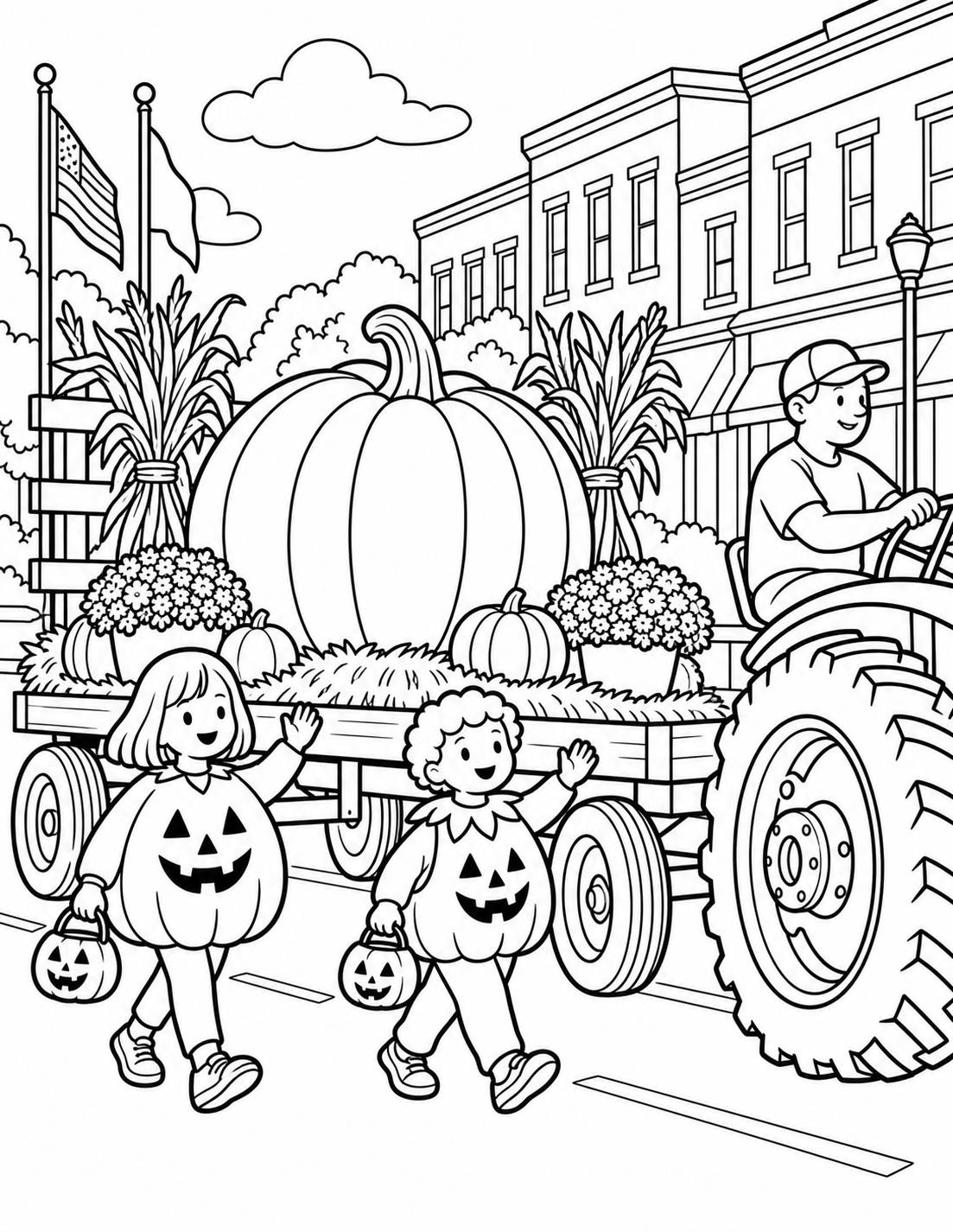A small parade wagon carries one enormous cheerful pumpkin while two costumed children walk beside it; actual route/vehicle details only when referenced.