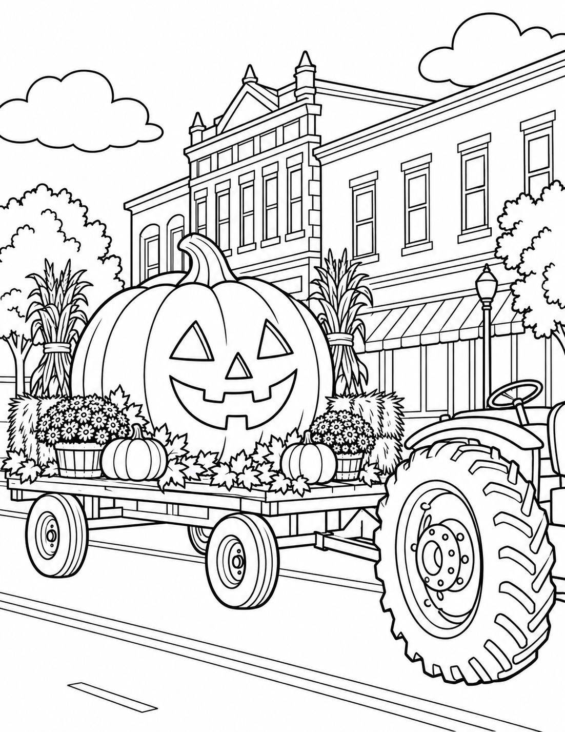 A giant imagined pumpkin rides securely on the photographed parade tractor's trailer; tractor wheels and hitch remain coherent.