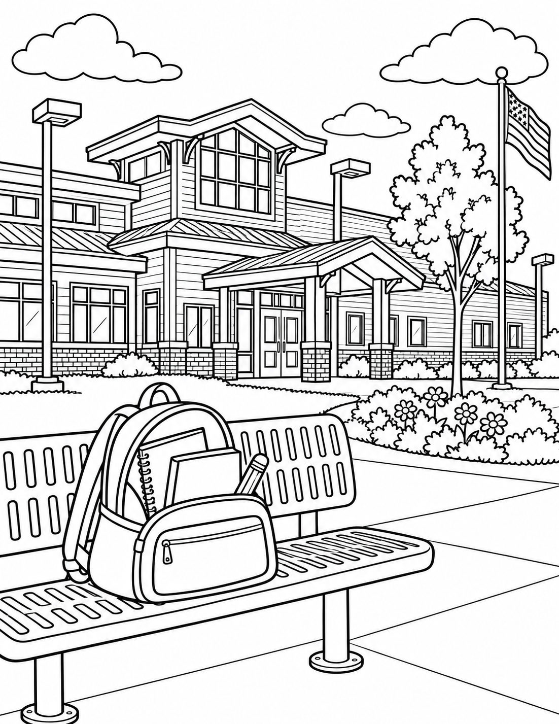 Use the photographed Adams Elementary exterior with its red roof trim, green siding, raised central window tower, brick base and real red bench. Make one large open backpack resting securely on the bench the foreground hero, with three broad school supplies visible inside. Keep the building recognizable but simplified, and show the bench legs meeting the pavement.