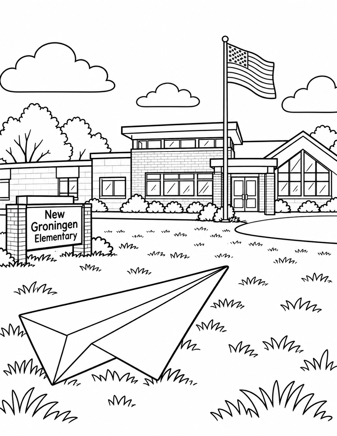 Use the photographed tan masonry, blue roofline, gabled glass entrance, lawn sign and flagpole of New Groningen Elementary. Place one large folded paper airplane resting on the near lawn, pointed toward the entrance. Keep the folds coherent and the school architecture recognizable without parking-lot clutter.