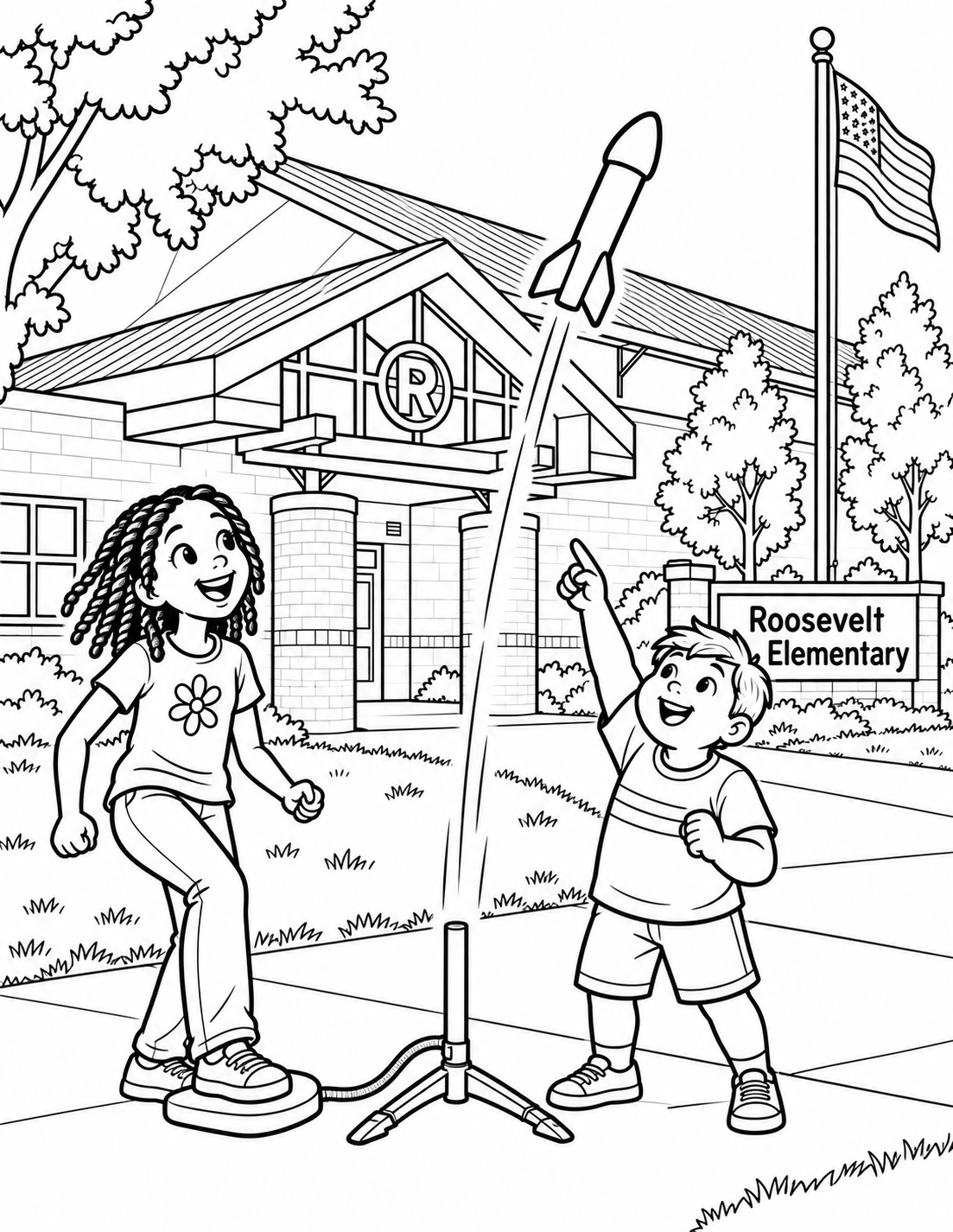 In front of the recognizable Roosevelt Elementary entrance from the reference, two invented children launch one child-safe foam stomp rocket from the walkway. One child has just stepped on the air pad while the foam rocket rises above its launch tube; the other child points up in delight. Make the active launch and children's expressions the foreground story. Keep the cream masonry, maroon gabled entrance, round columns and circled R recognizable as a simplified background anchor rather than a landscape portrait. Put the exact text "Roosevelt Elementary" once on a natural school sign near the entrance. Show no boots.