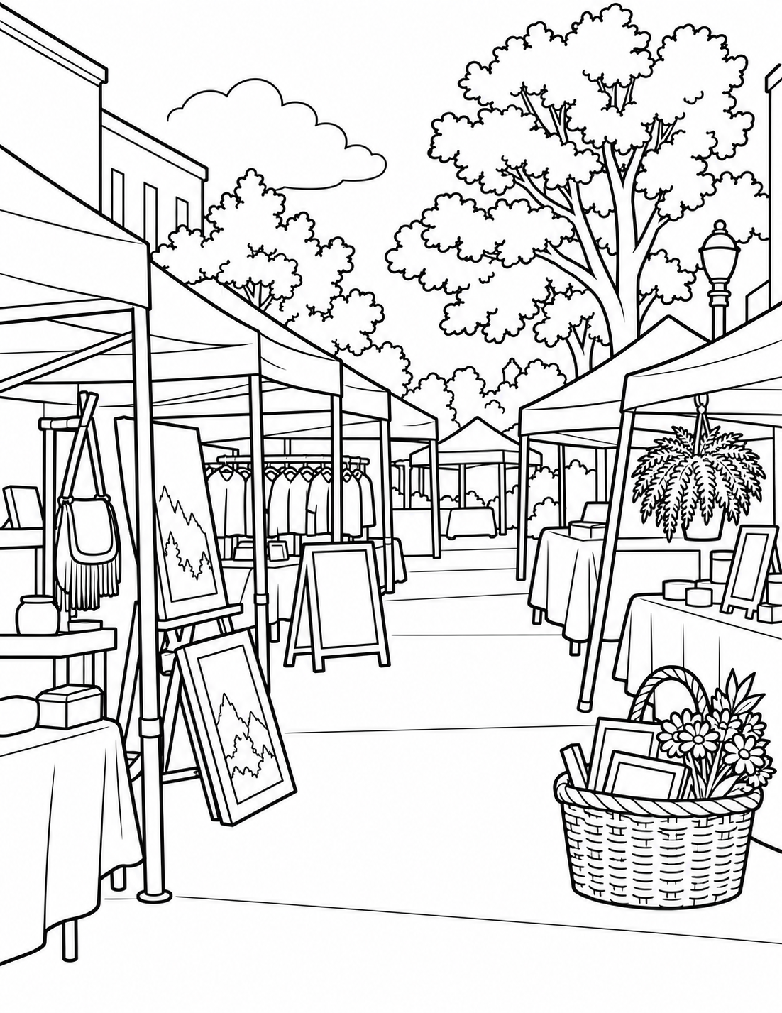 A large basket holds a few source-supported market objects and flowers; avoid claiming specific goods without evidence.