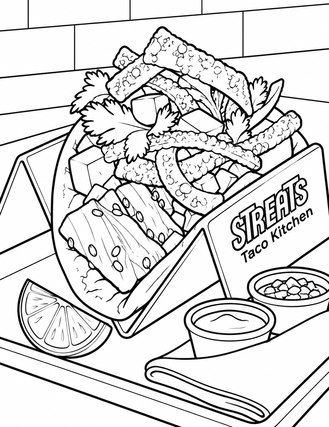 Fresh food-only redraw. Make one large appetizing tuna taco in the photographed V-shaped metal holder the clear hero. Keep the folded soft tortilla, broad tuna pieces, several fruit cubes, a few cilantro leaves and two or three continuous crisp wonton ribbons, all resting inside the tortilla. Set the holder on a simple serving tray with one lime wedge, a folded napkin and two small sauce cups. Use a few broad counter and tile shapes for depth. Put the exact text "StrEATs Taco Kitchen" once on the holder. No butterflies, insects, animals, people, faces, mascots, hard shell, floating ingredients or garden imagery.