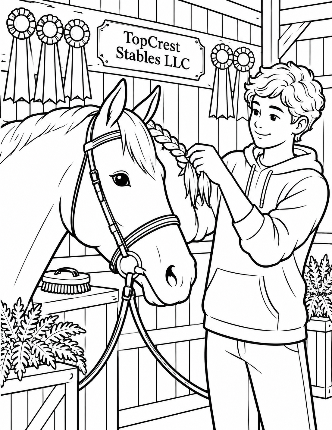A teen carefully braids a horse's mane while the calm horse turns its head slightly; use actual tack and grooming arrangement references.