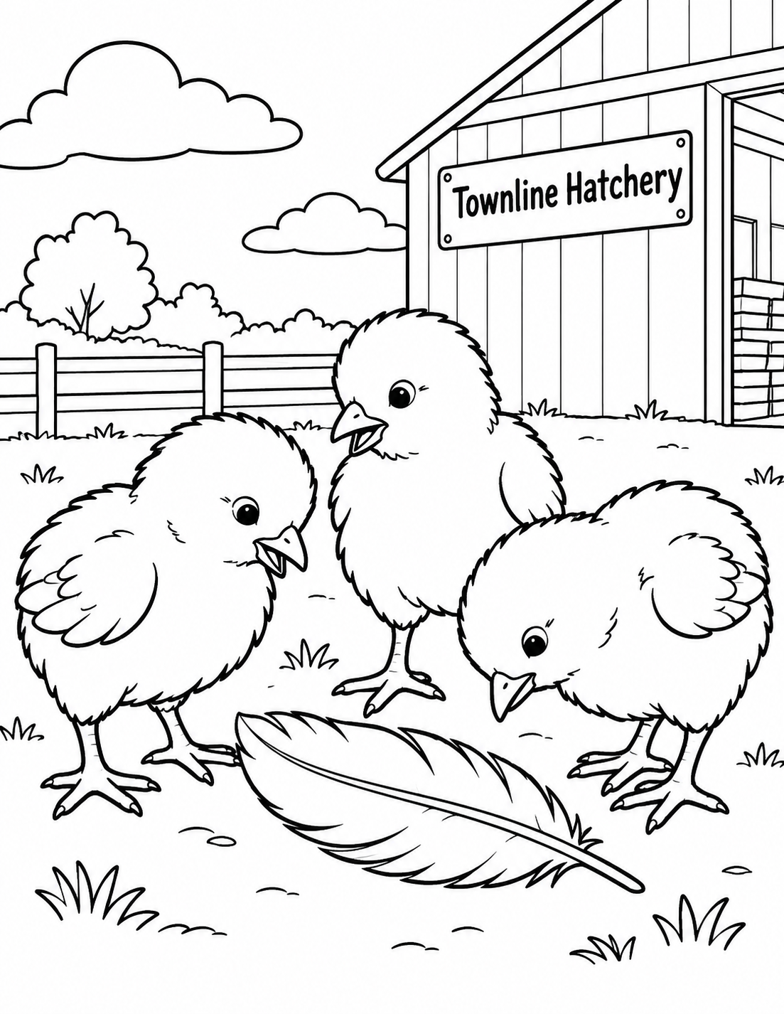 Three chicks of visibly different poses gather around one large fallen feather; clear feet, wings and beaks, minimal setting.