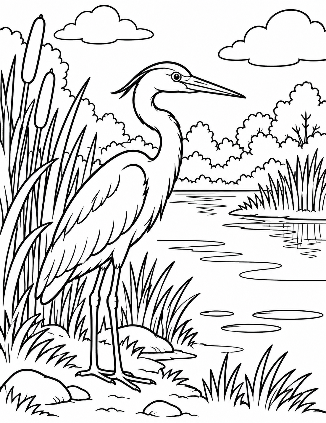 A heron stands beside the wetland edge in a referenced habitat view; large reeds and clean water contours preserve colorability.