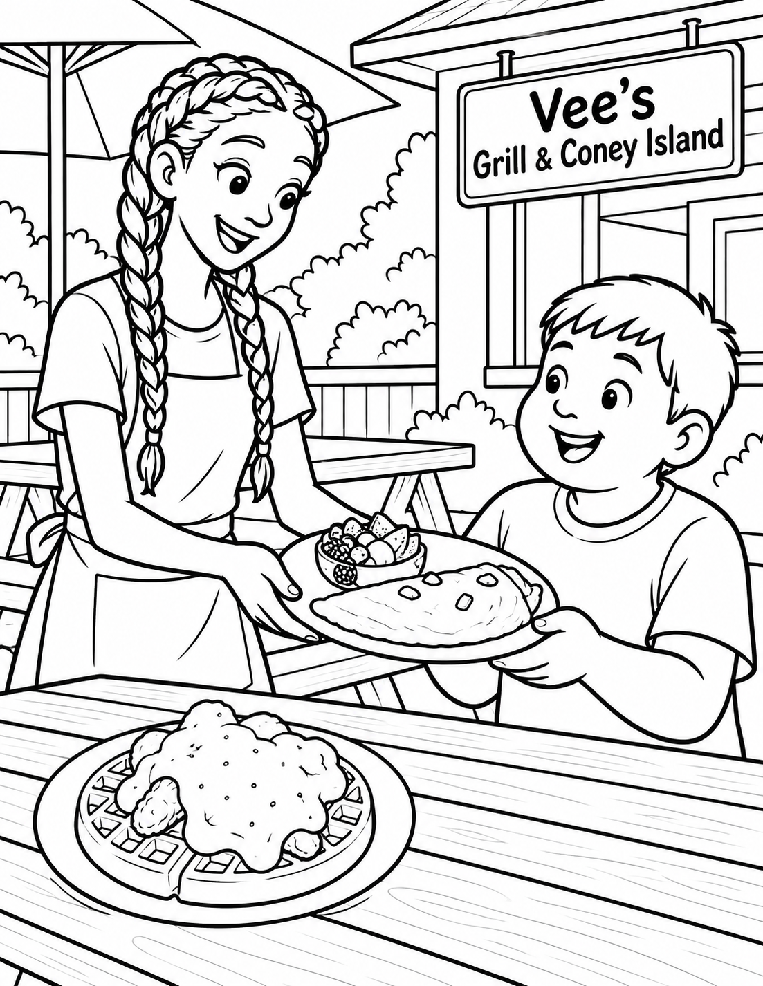 At an outdoor picnic table, one very tall invented older teen passes a safely supported plate to a much shorter younger sibling. Give the teen long braids, a narrow face and lanky build; give the younger child a straight crop, broad cheeks and sturdy build. Keep every dish on the table, use a front-three-quarter view, and show no animals, insects or mascots.