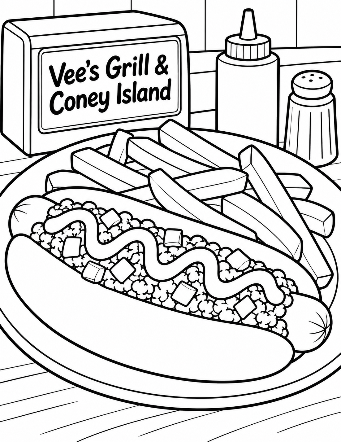 A plated coney dog and broad fries fill a friendly closeup, with a single looping condiment ribbon; use verified current menu food.