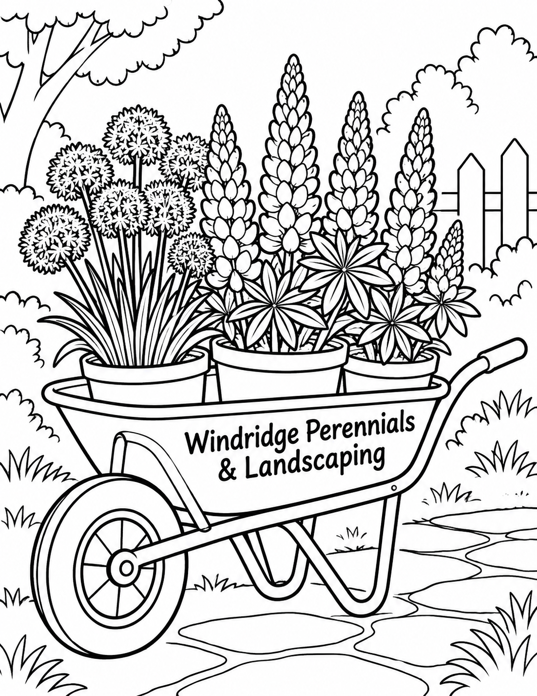 A wheelbarrow carries a few oversized potted plants; roots, pots, tray, handles and wheel remain distinct and connected.