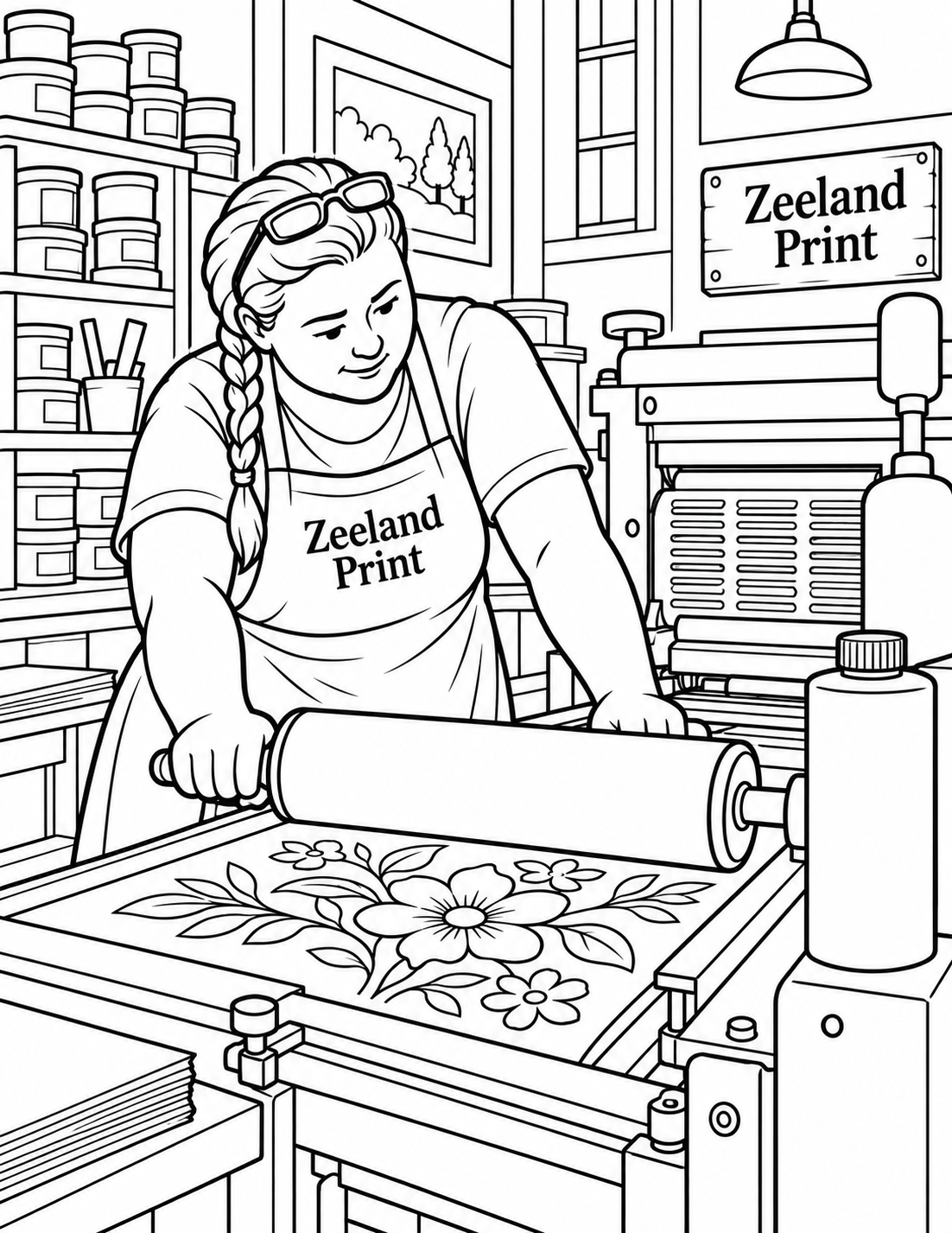 A small fictional print worker guides a giant hand roller across a sheet, leaving an outlined floral pattern with white interiors; no filled ink field. Intentionally use the selected adult press worker from reference 1 for broad age, silhouette and working posture only.