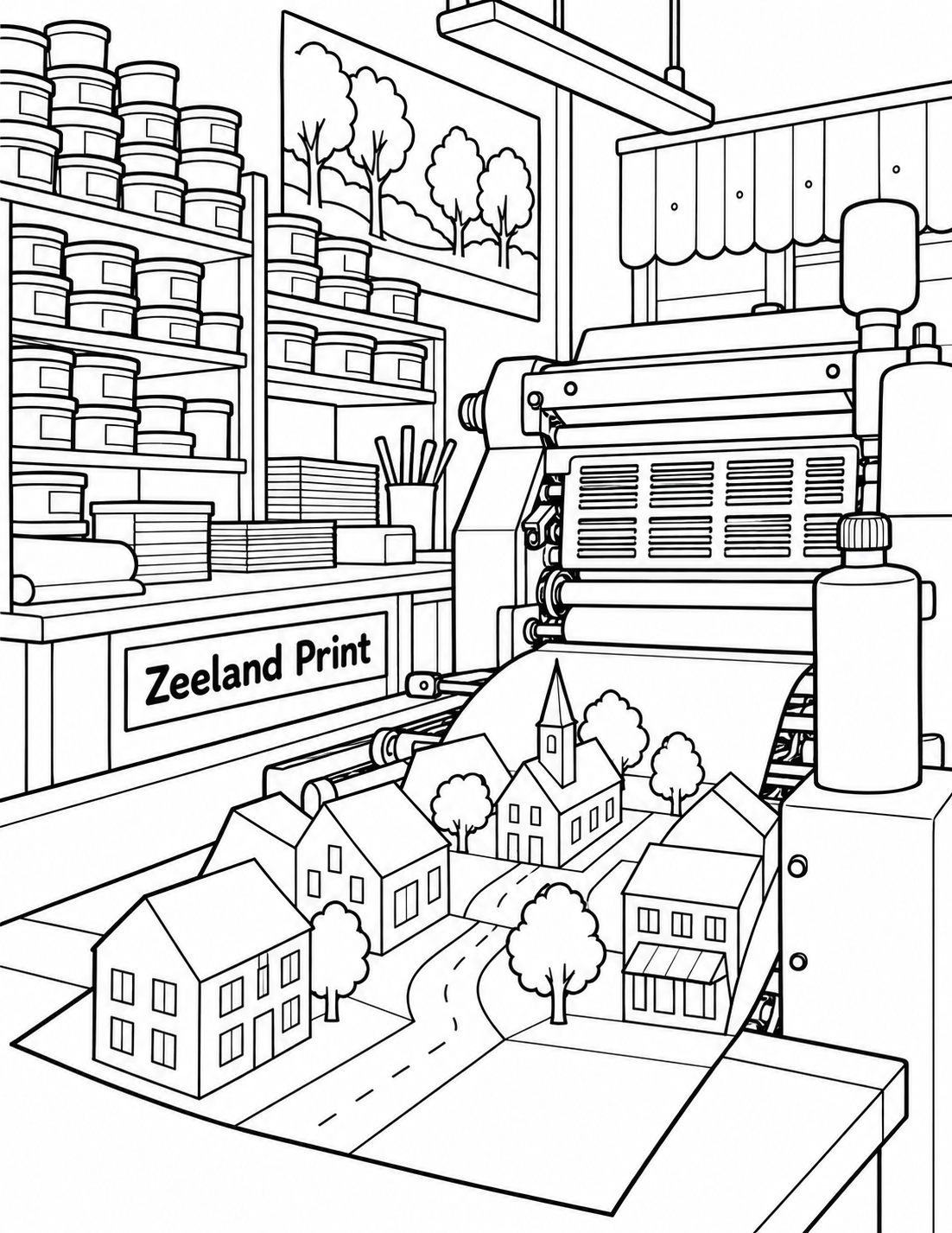 A friendly paper town rises from a single opened printed sheet; recognizable folds create broad roofs, windows and streets without tiny lettering.