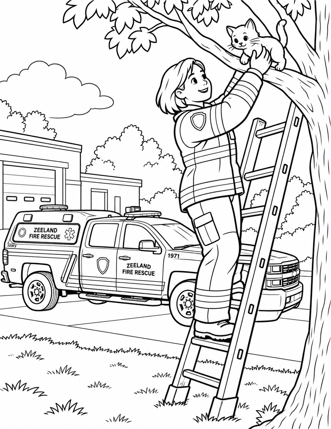 A firefighter gently lifts a kitten from a low branch; use real equipment references, invented person, and coherent safe footing.