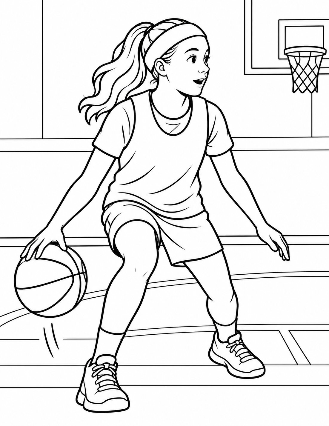 A teen bends into a low dribble on a referenced court; one ball, one bounce moment, correct hand and leg direction.