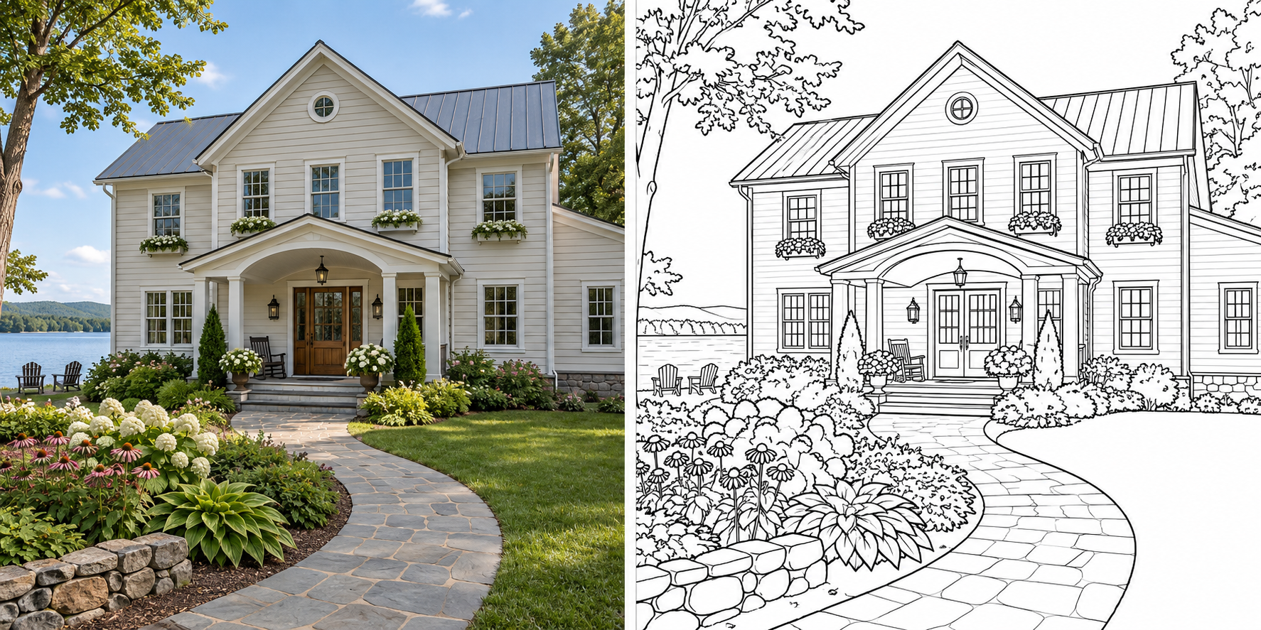 A fictional lakeside hotel shown as a realistic reference image on the left and matching black-and-white coloring art on the right.