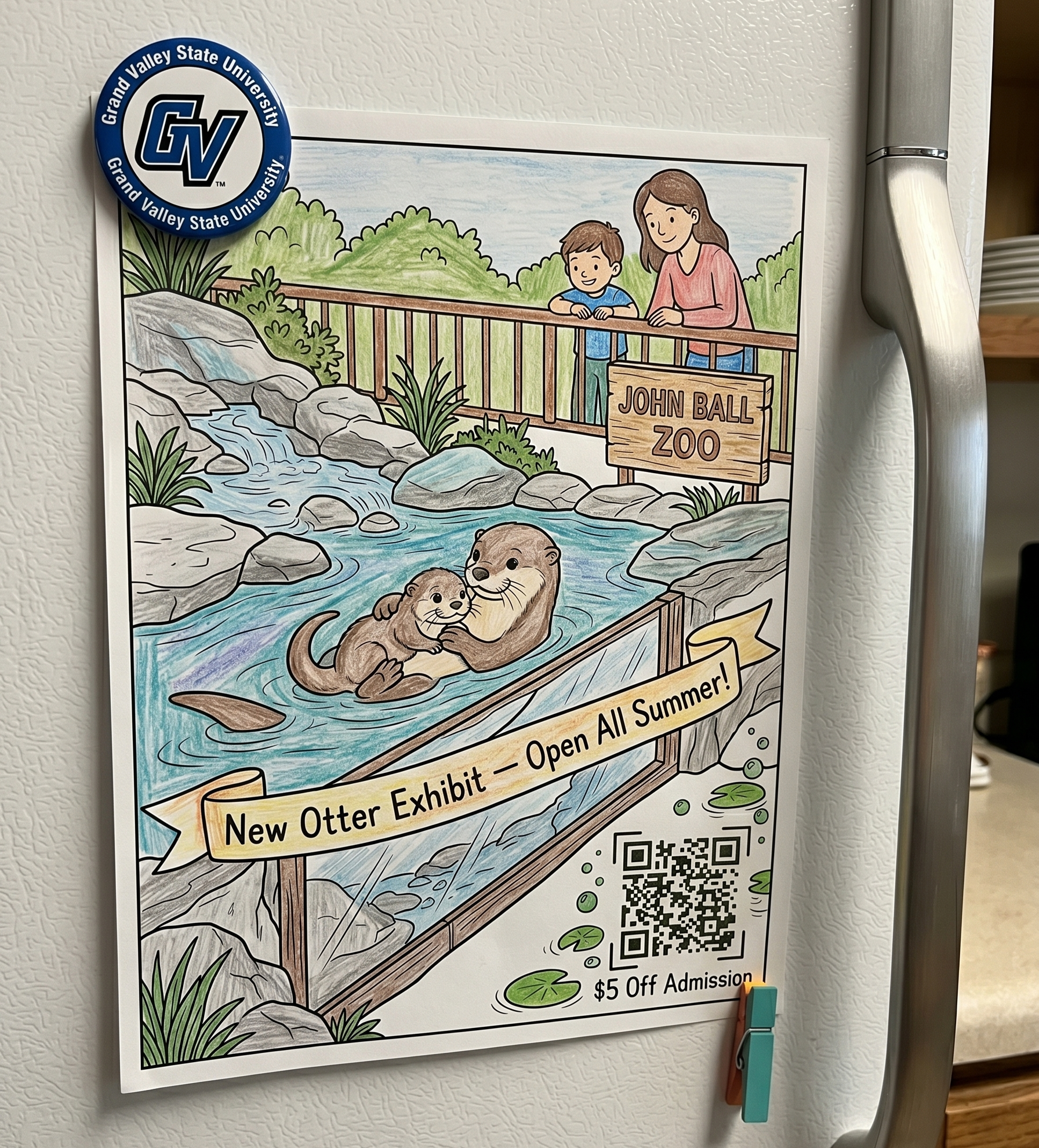 A kid's colored-in Hometown Coloring Book page of the John Ball Zoo otter exhibit, clipped to a fridge next to a Grand Valley State magnet