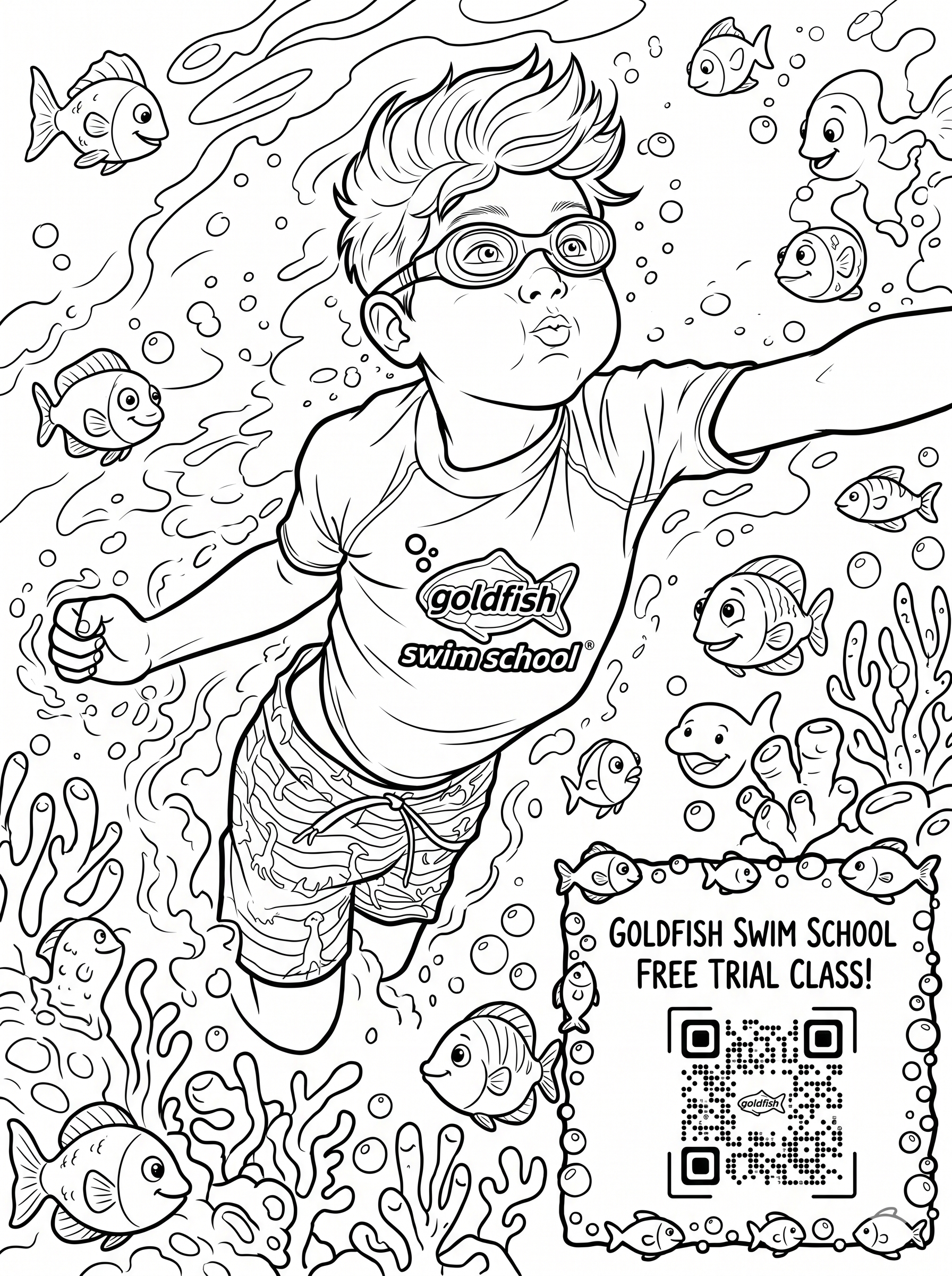 Sample coloring page — Goldfish Swim School underwater scene