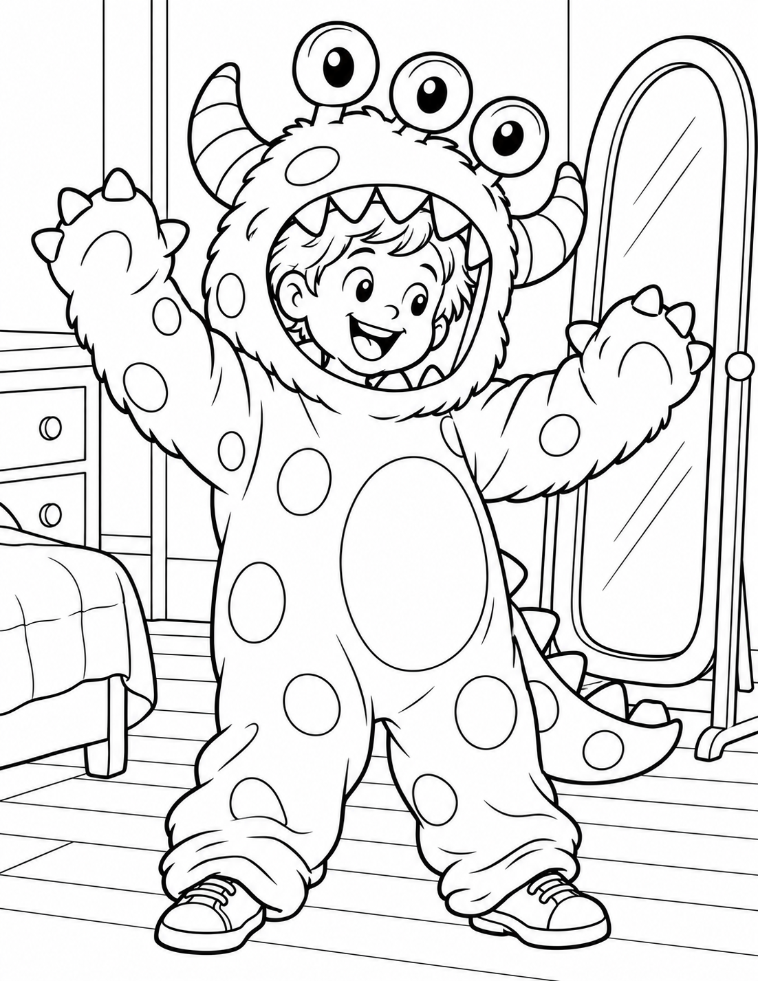 A child trying an oversized friendly monster costume, with clearly visible human feet and a delighted face.