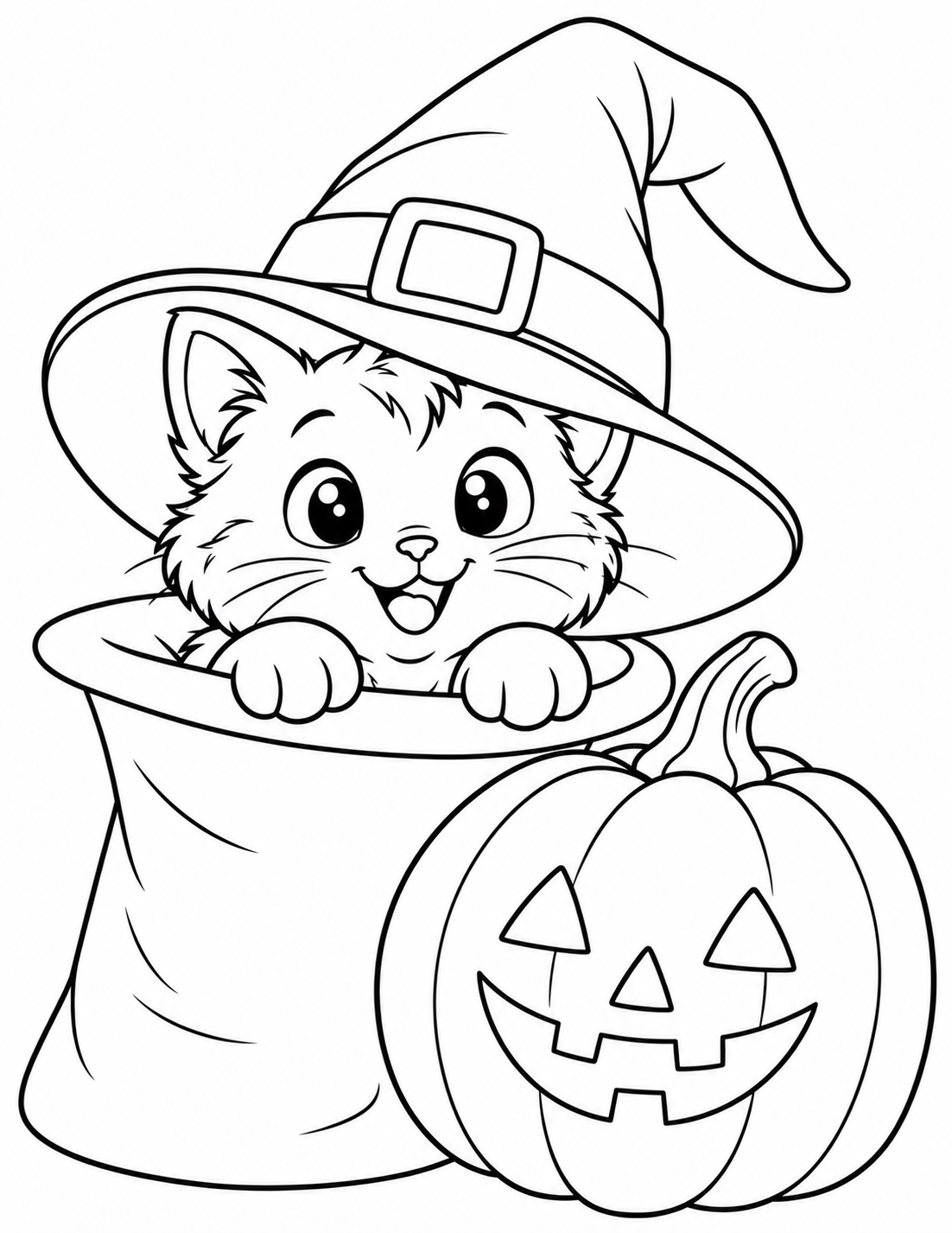 A cat peeking out of a witch hat beside a pumpkin. two large shapes, no patterned background.