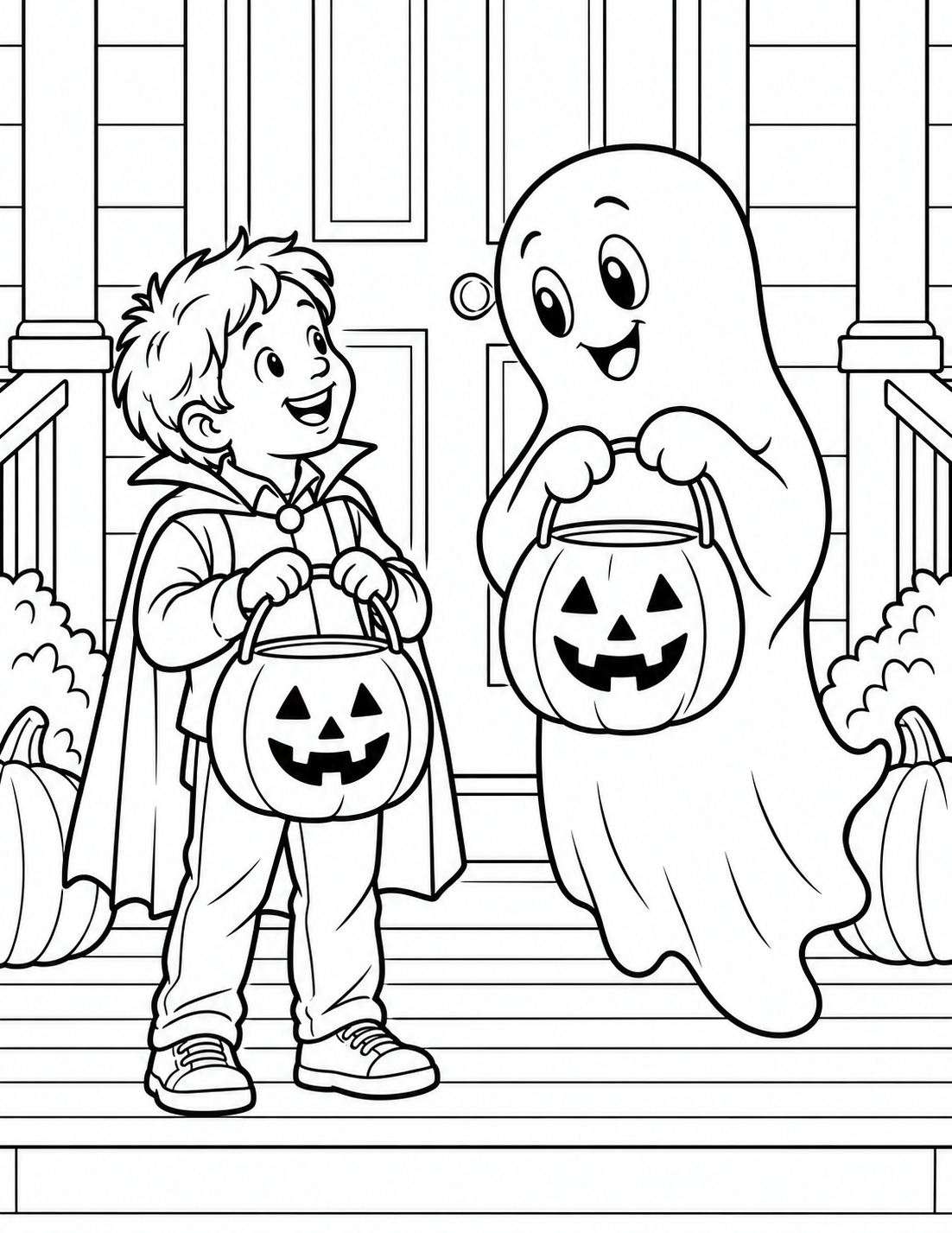 A friendly ghost and child comparing their trick-or-treat pails on a porch. distinct readable silhouettes.