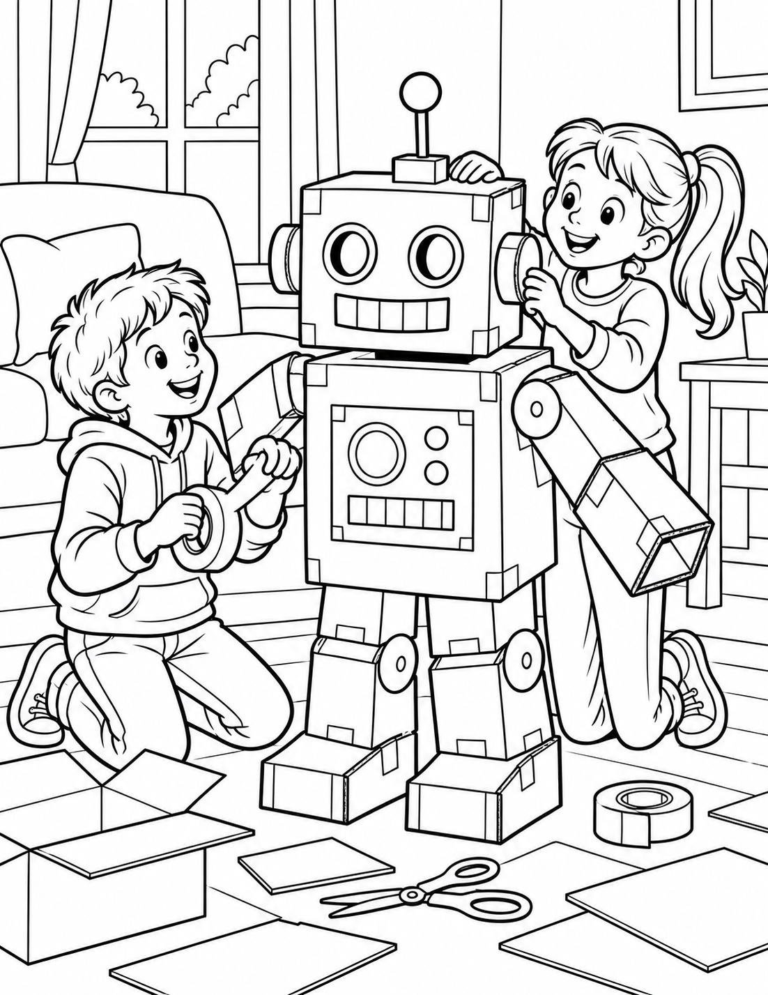 Siblings assembling a cardboard robot costume at home. distinguish the costume's intentional cardboard joints from anatomy.