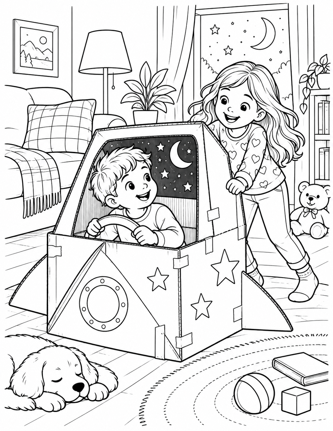 A child turns a cardboard box into a moon rocket while a sibling steadies it; the family room opens into the child’s imagined star voyage.