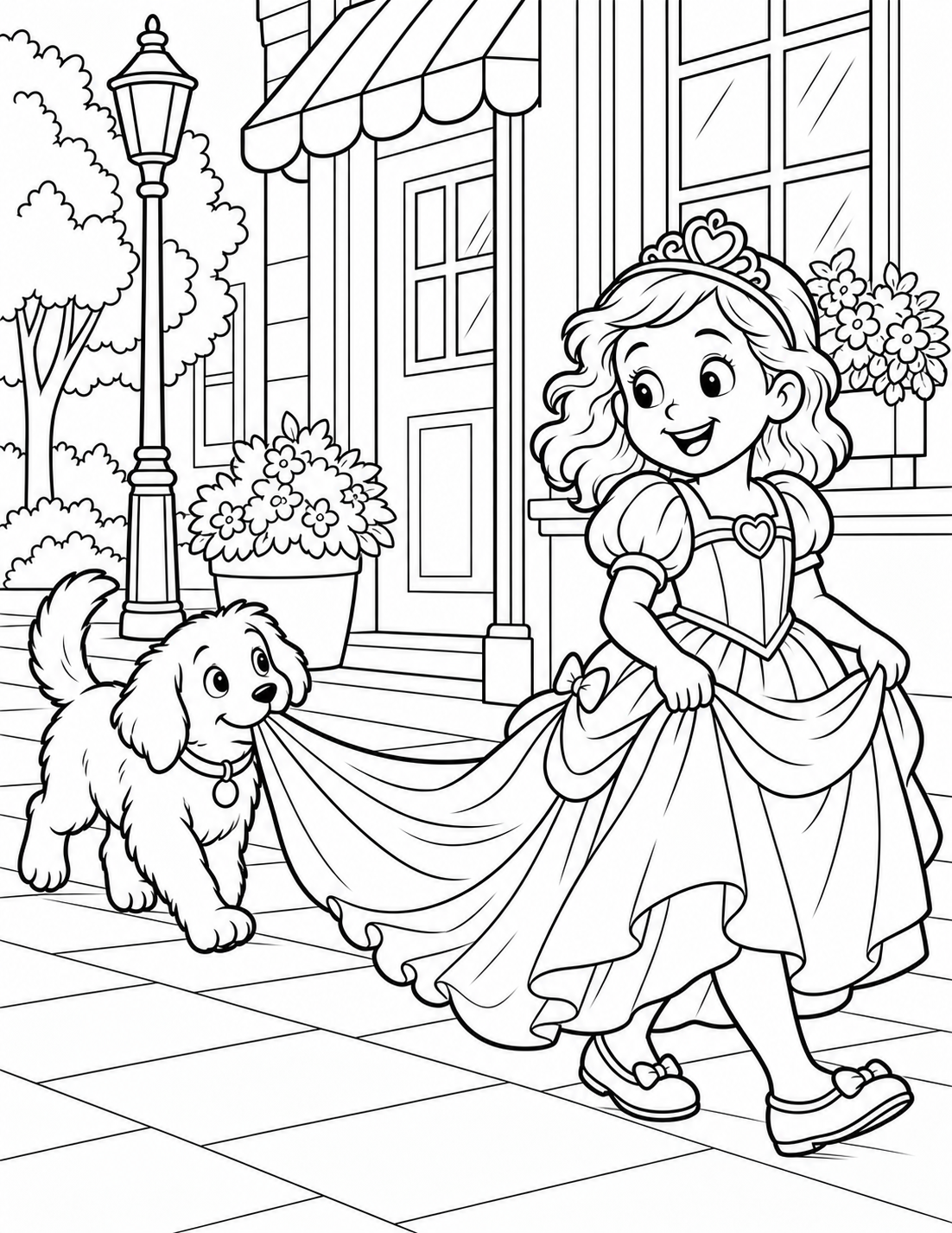 A dog tries to carry the long fabric train of a child's costume. motion and fabric support the story.