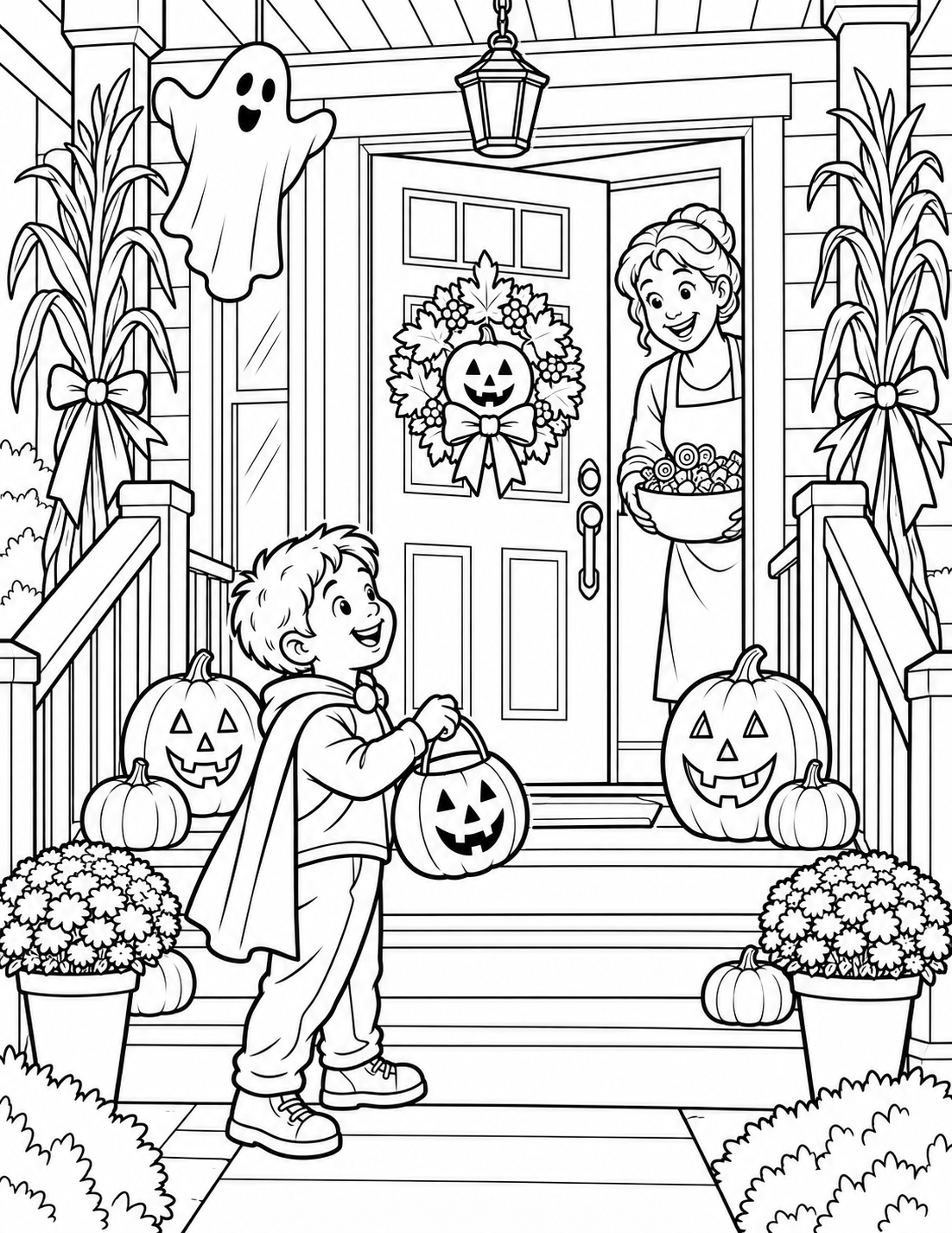 A tall imagined neighborhood porch dressed for Halloween, with different objects to discover and a clear route to the door.