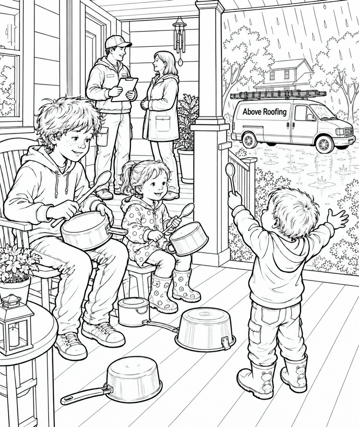 Children play a pot-and-pan concert while their parent and roofer talk under the porch roof.