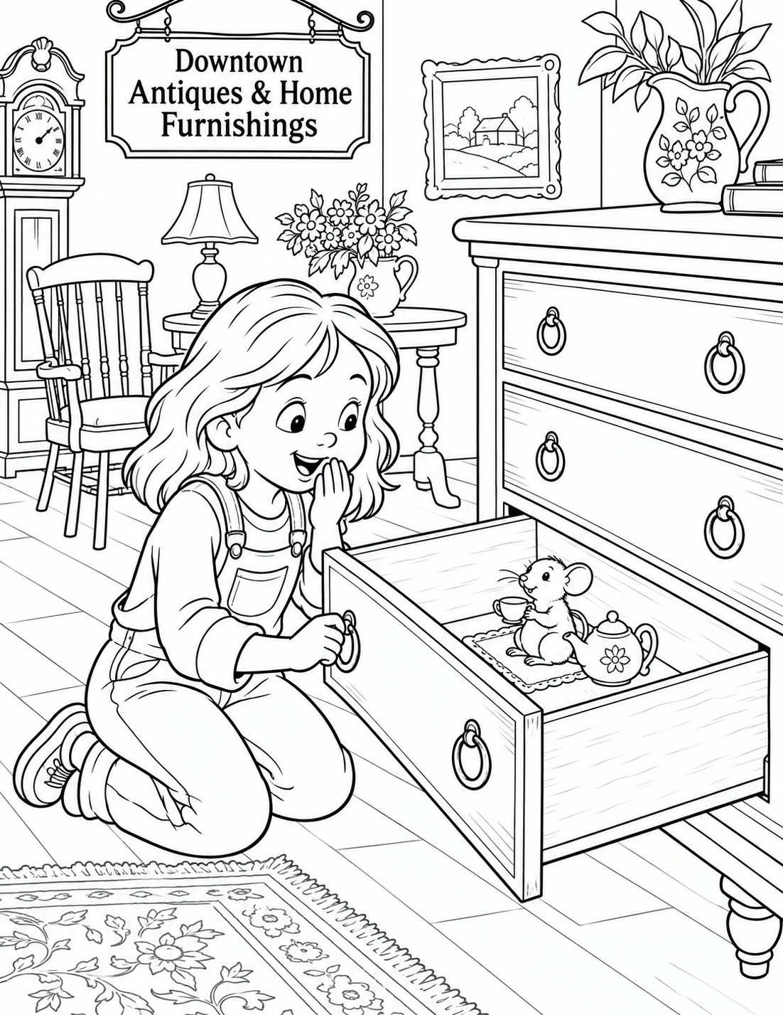 A child opens a solid wooden dresser drawer and discovers a tiny mouse tea party tucked inside; the drawer stays attached and visibly open.