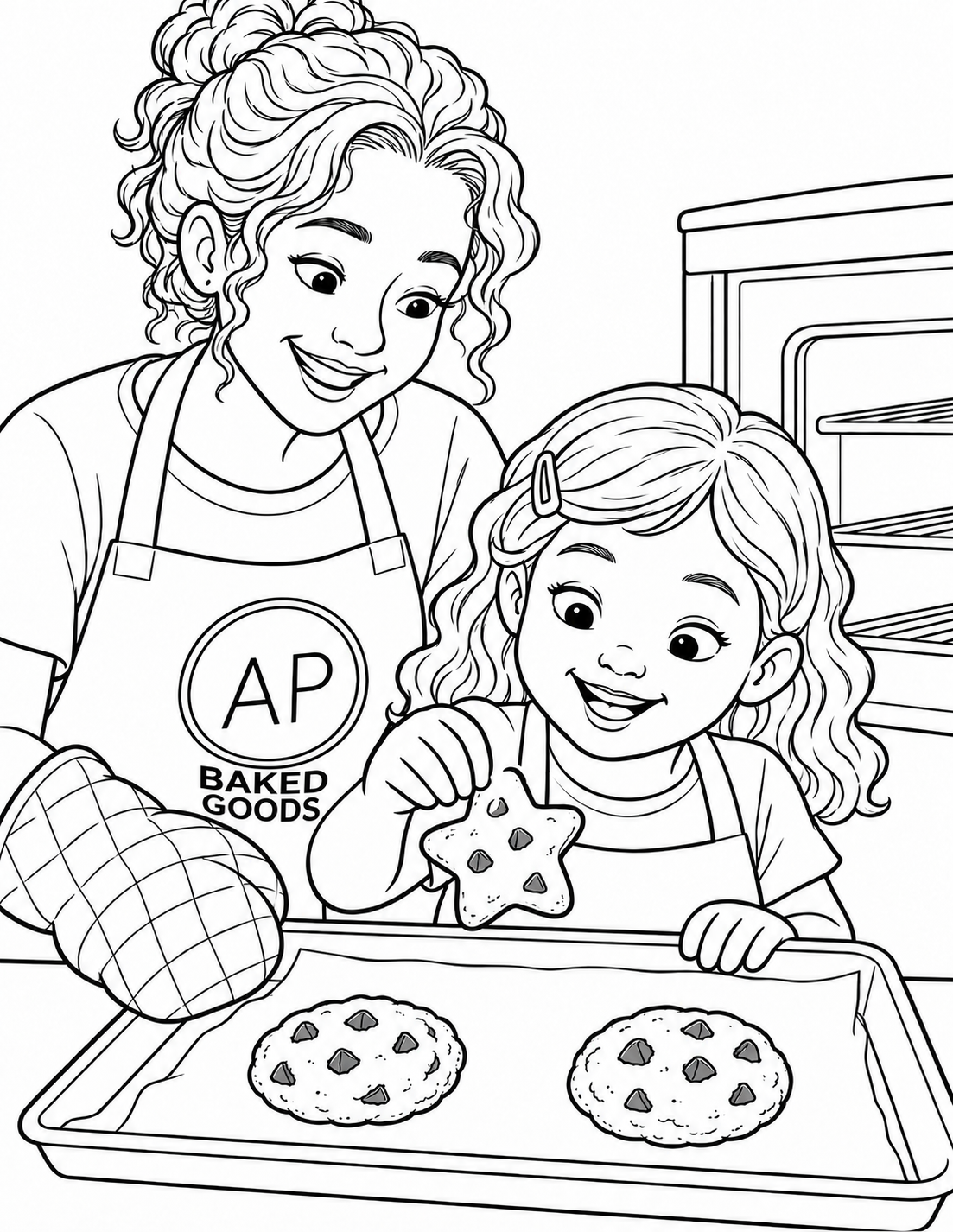 A girl lifts a star-shaped chocolate-chip cookie from a tray beside a baker wearing an AP Baked Goods apron.