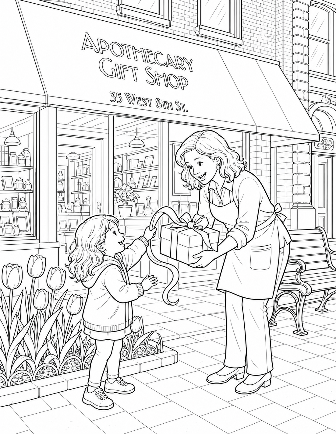 A child catches a fluttering ribbon as a shopkeeper offers a present outside Apothecary Gift Shop.