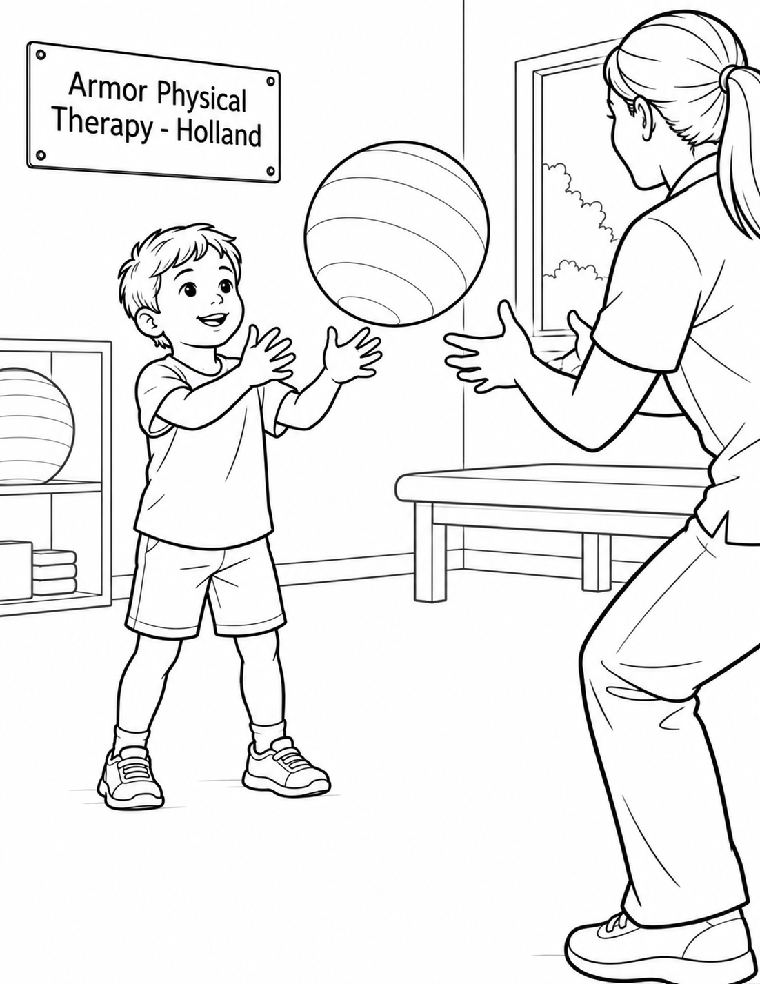 A child catches one large soft therapy ball with both feet planted while a physical therapist gently tosses it from nearby.