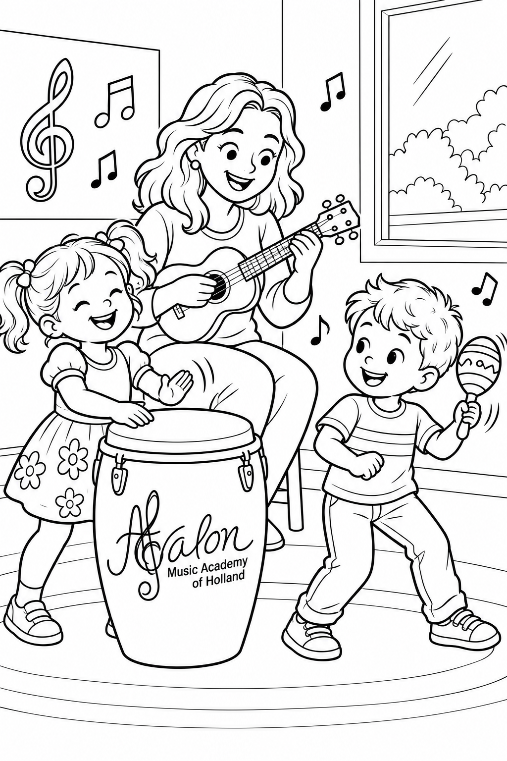 Children play a drum and maraca while their instructor plays a small four-string instrument in an imagined Avalon music lesson.