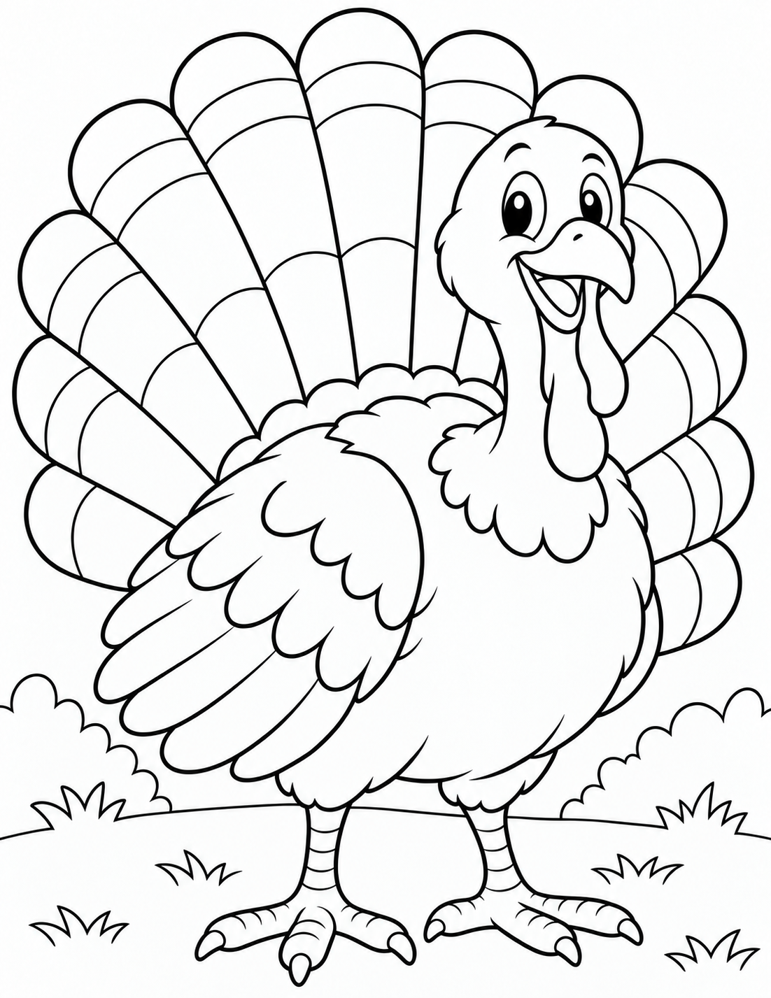 A friendly turkey with broad, separate fan feathers. expressive large portrait, no tiny repeated patterns.