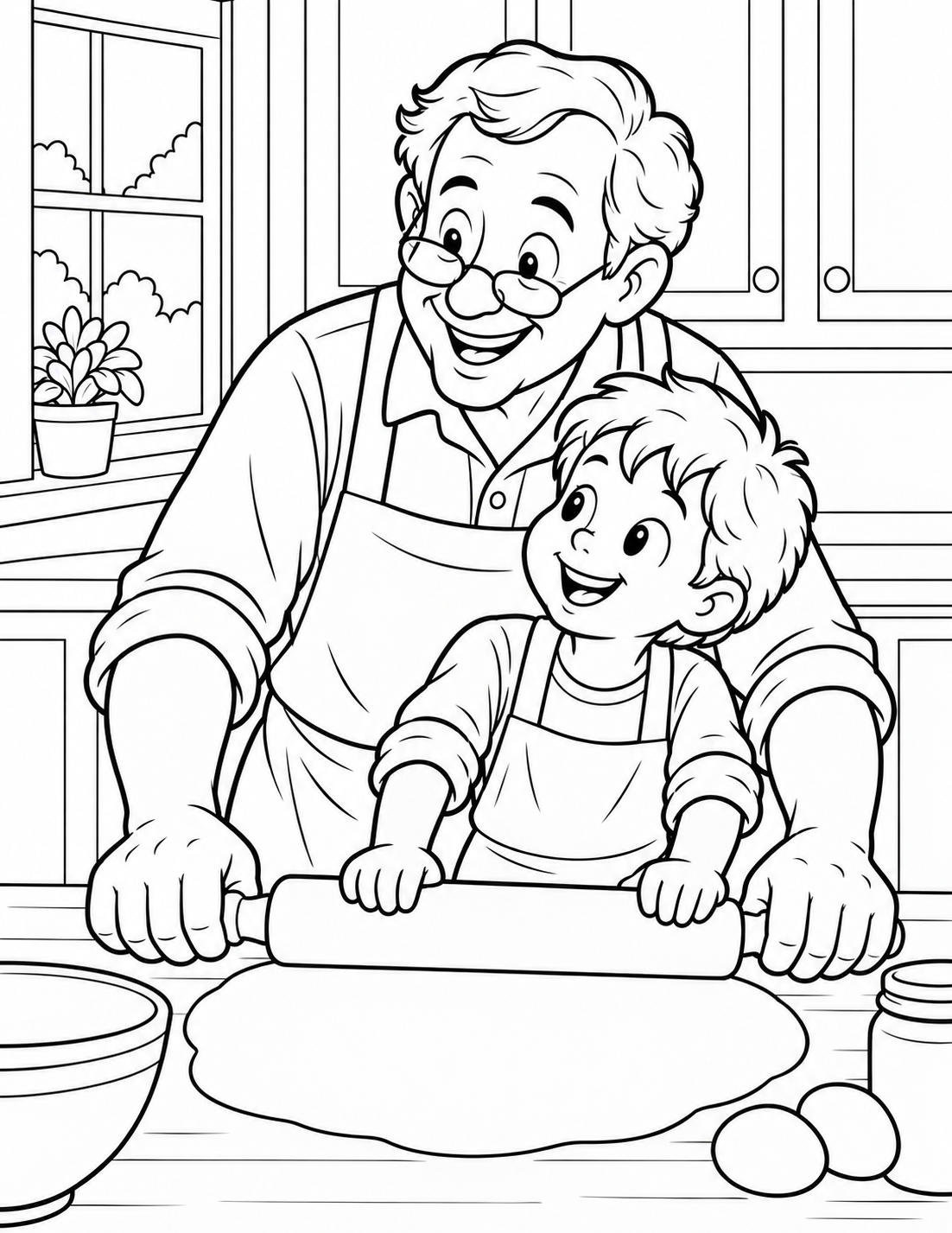 A grandparent and child roll dough together. large hands, a coherent rolling pin and broad dough surface.
