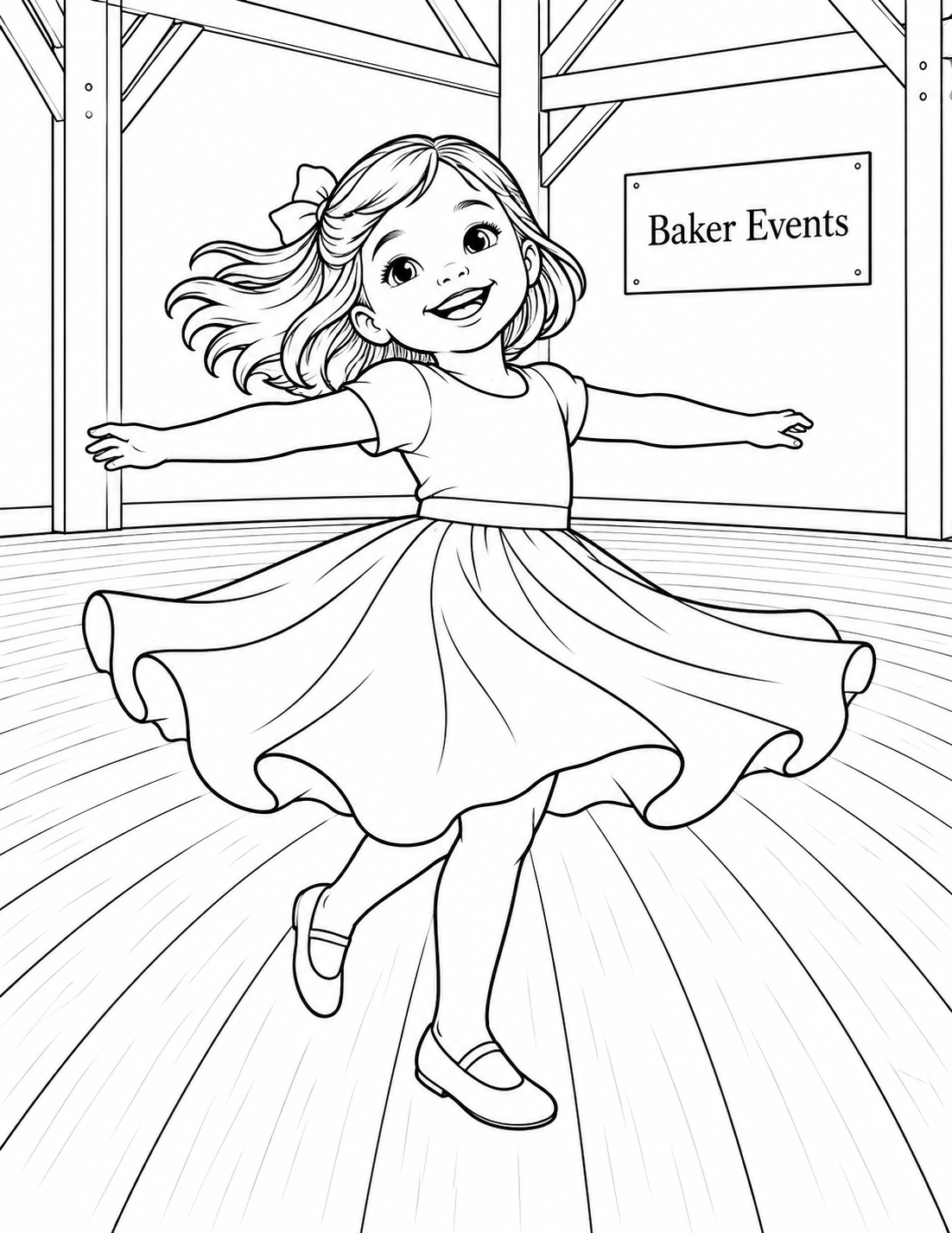 A child spins across the Warehouse dance floor, seen from floor level so the circular movement and floorboards sweep toward the viewer.