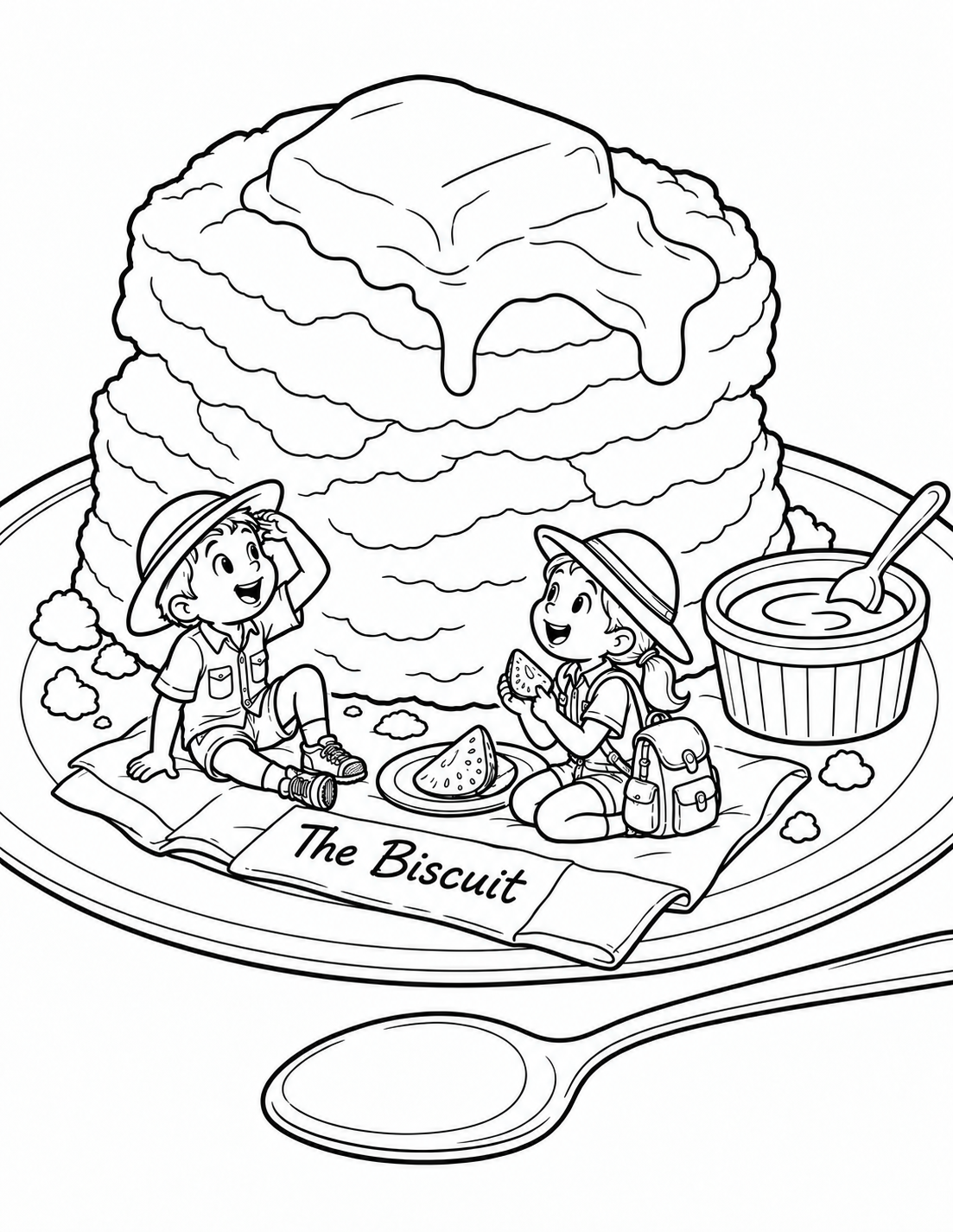Two tiny explorers picnic with melon slices beside a towering buttered biscuit on a plate at The Biscuit.