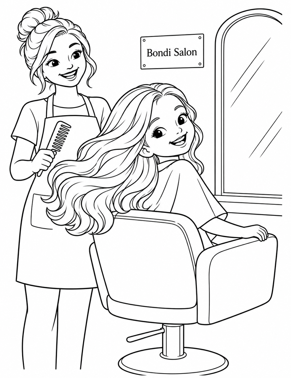 A child gently turns in the salon chair to show off a fresh wavy hairstyle, one graceful lock sweeping in a large curve while the stylist smiles.