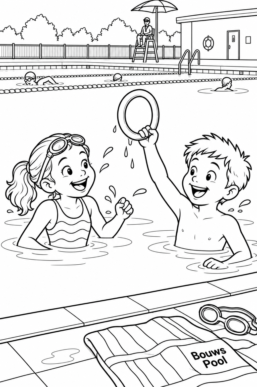 Two children celebrate finding a diving ring in Bouws Pool while swimmers and a lifeguard remain in the background.