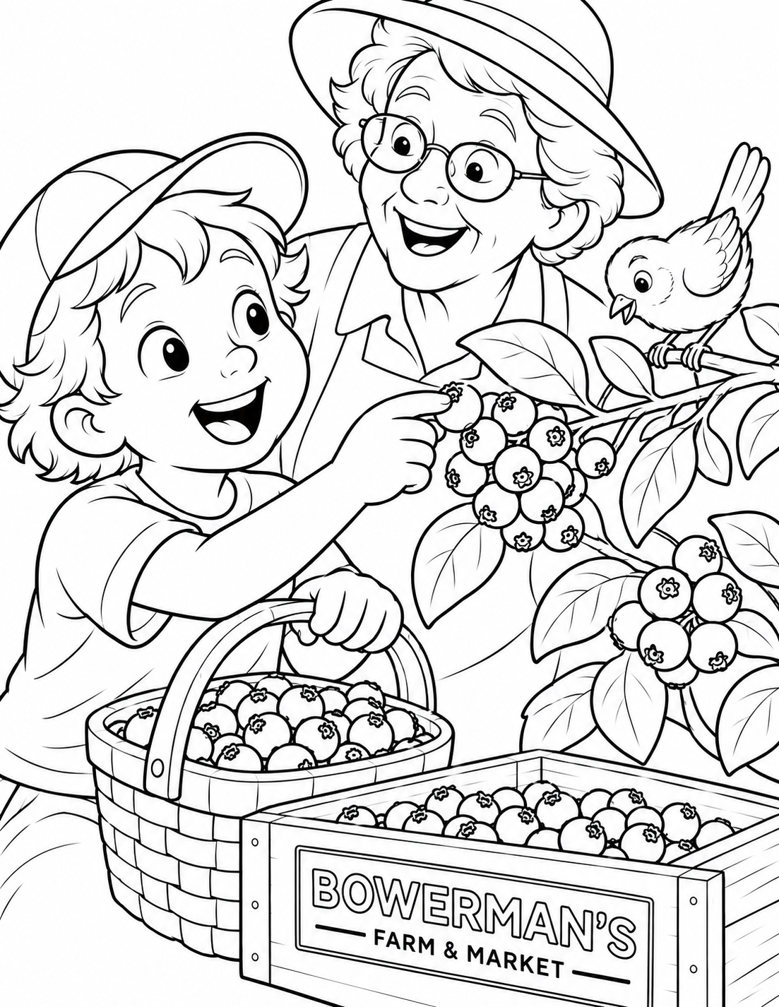A child picks blueberries with an older helper while a bird watches from a nearby branch at Bowerman’s Farm & Market.