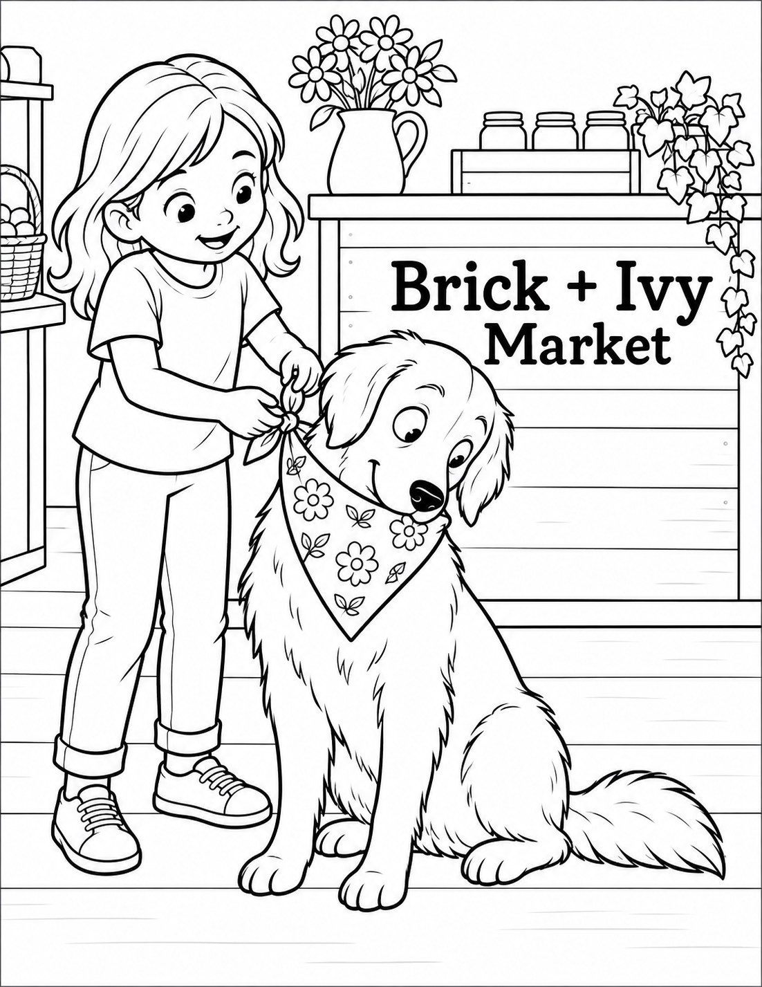A family dog sits proudly in a handmade triangular bandana, turning its head to inspect the new look as a child finishes the tie.