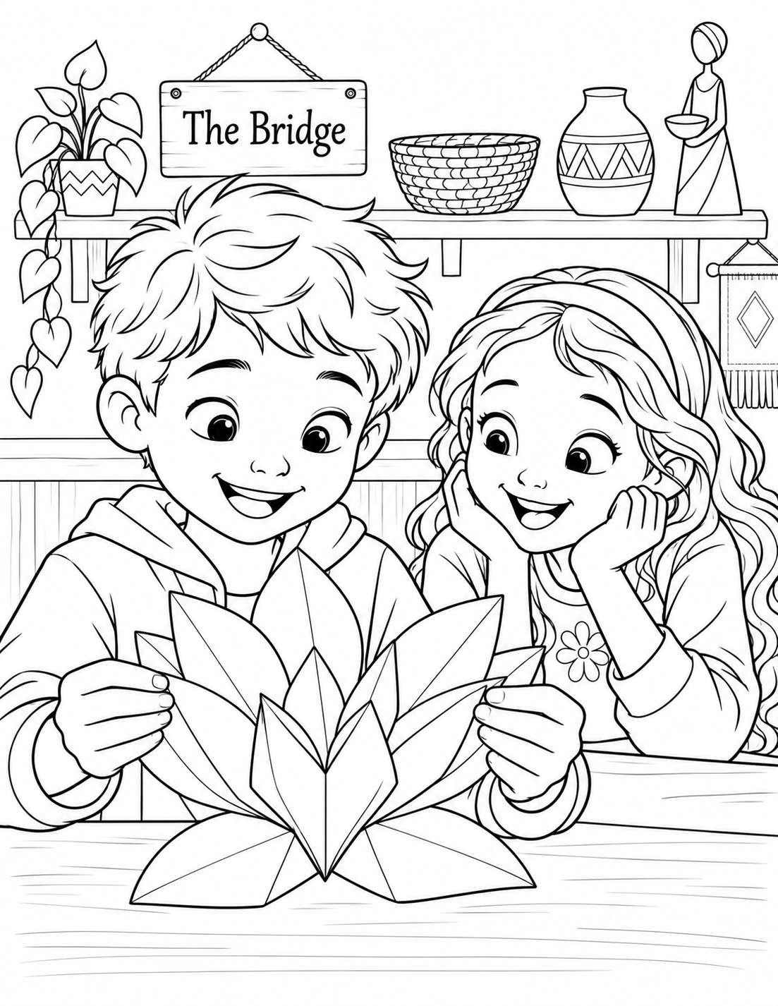 A child opens a handmade folded-paper flower at the craft shop counter; its broad petals unfold in the child’s hands while a friend leans in to see.