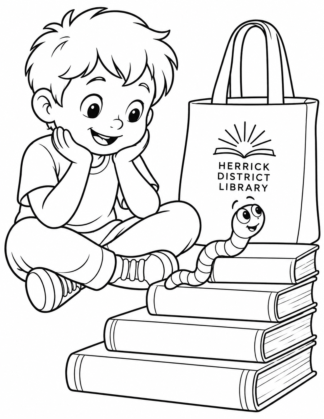 Fresh Herrick District Library fantasy scene: one seated child with exactly two arms, two hands, two legs, and two feet watches a friendly legless bookworm climb four broad books arranged as low steps. The worm bends across the book edges and has no feet. A Herrick District Library tote stands upright beside the child. No extra limbs, hidden duplicate feet, insect legs, giant unstable tower, or text beyond HERRICK DISTRICT LIBRARY once on the tote.