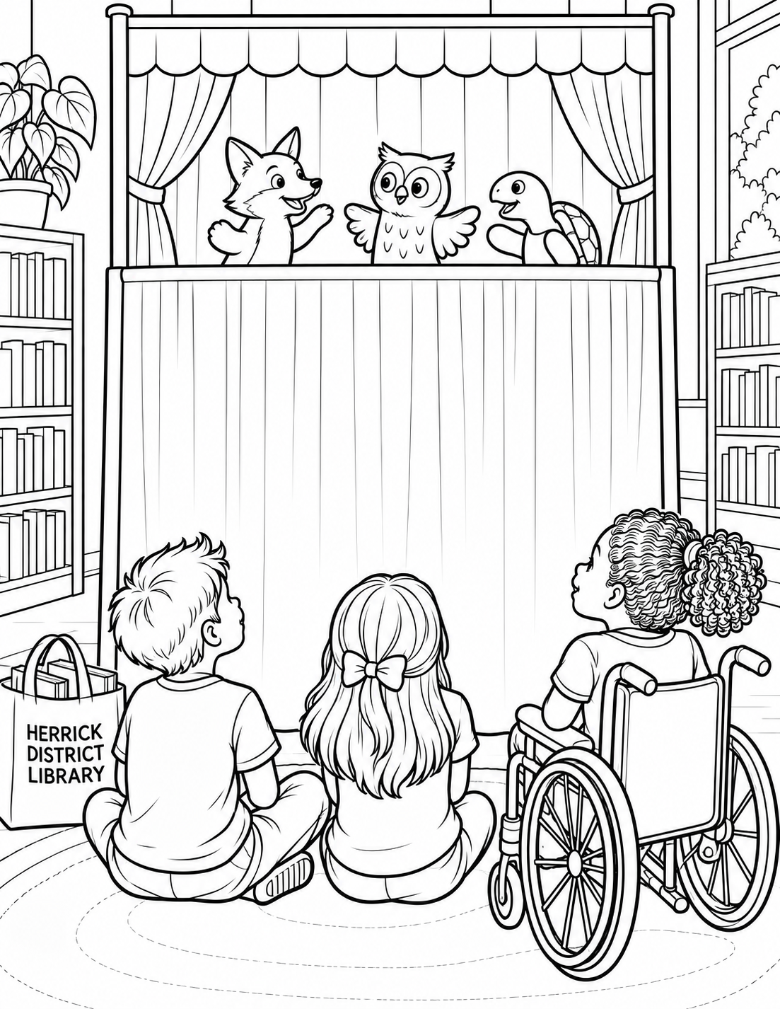 Fresh Herrick District Library puppet-show scene from behind and slightly above three child audience members, including one wheelchair user, all facing a tall puppet stage. Exactly three animal hand puppets—a fox, an owl, and a turtle—appear above the stage ledge and act toward one another. The stage front is tall and completely opaque from ledge to floor, fully hiding the librarian, the librarian's head, body, arms, and hands. Put HERRICK DISTRICT LIBRARY exactly once on a sturdy tote beside the audience. No visible human performer behind the stage, no human hands above the ledge, no octopus, no audience member facing away, and no extra text.