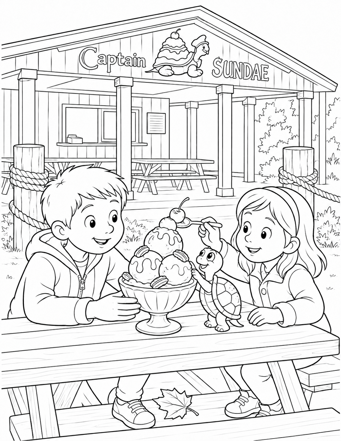 Two children and a little turtle put the finishing cherry on their sundae. An imagined treat at Captain Sundae’s Zeeland porch.