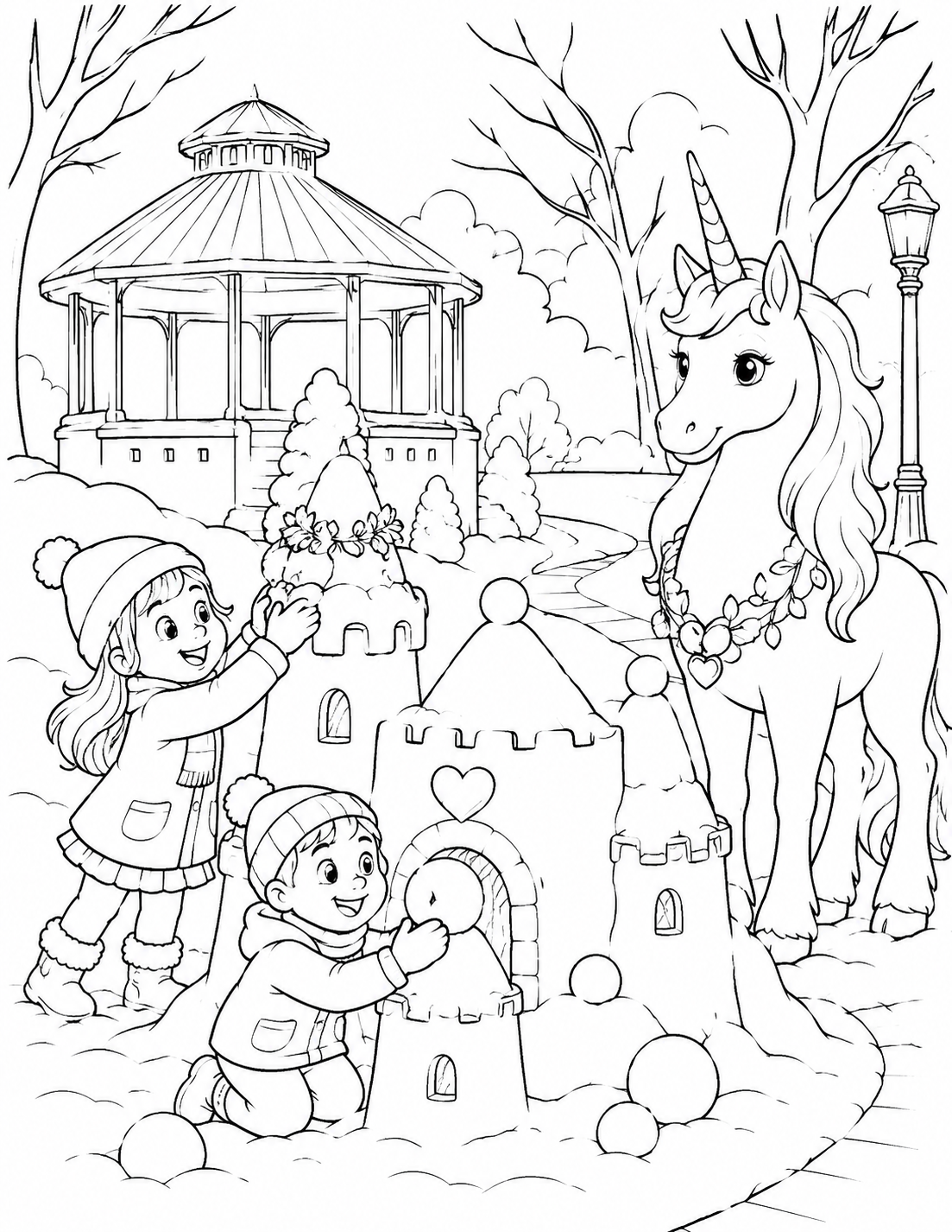Two children build a snowcastle for a friendly unicorn beside the Centennial Park gazebo.