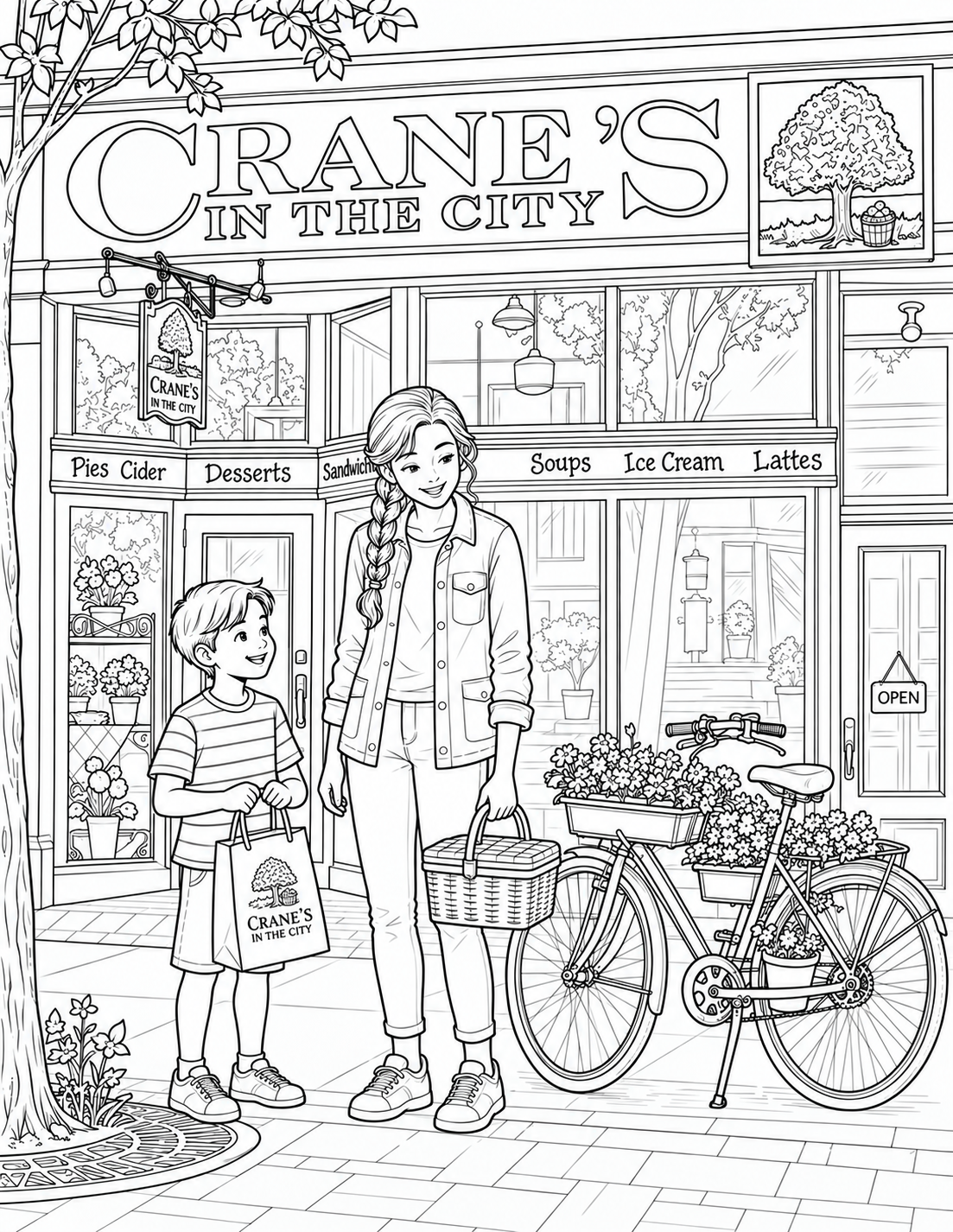A child holds a bakery bag beside an adult carrying a picnic basket outside Crane’s in the City, with a parked flower-filled bicycle nearby.